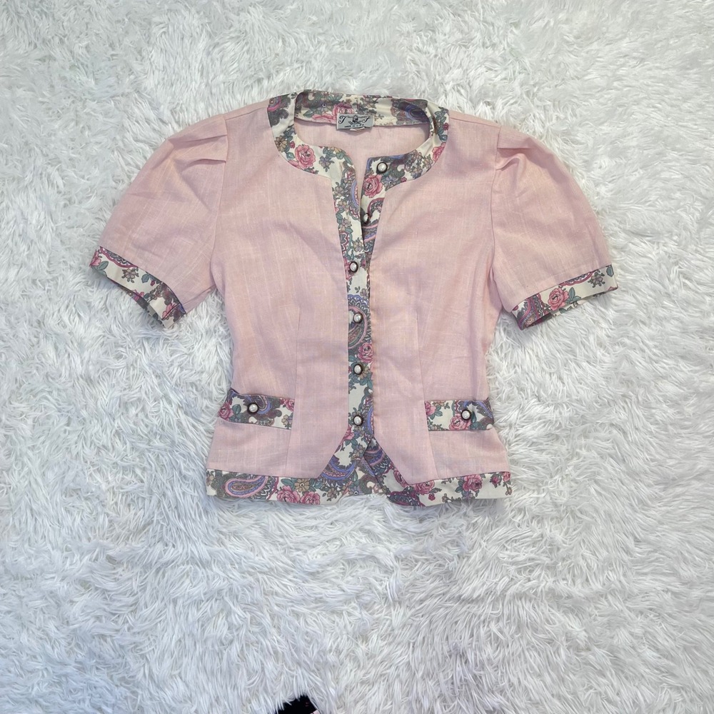 vintage 80s light pin floral trim button up top size 6